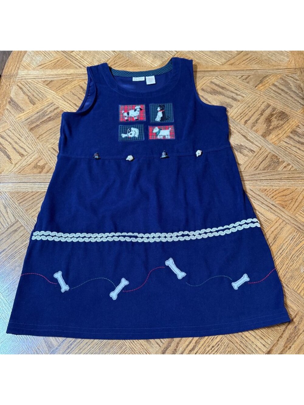Vintage Bobbie Brooks Ladies Navy Sleeveless Dress Dog Appliques Buttons Large